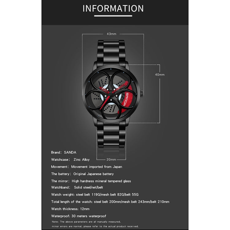 SANDA 1070 3D Oval Hollow Out Wheel Non-rotatable Dial Quartz Watch for Men, Style:Mesh Belt(Black Red) - Metal Strap Watches by SANDA | Online Shopping South Africa | PMC Jewellery | Buy Now Pay Later Mobicred