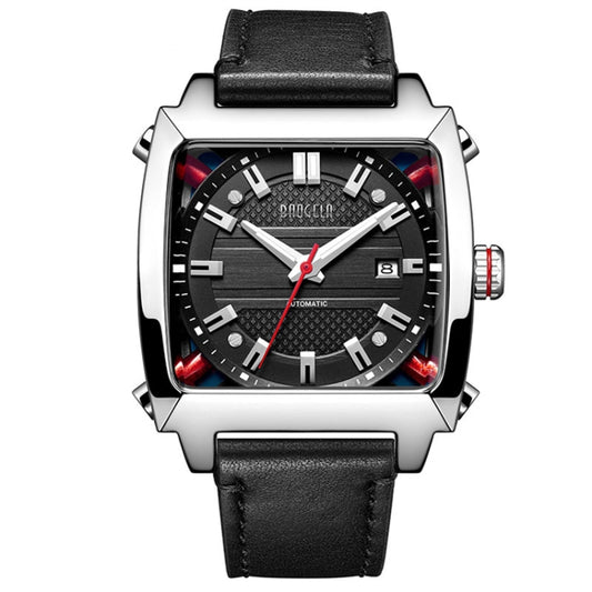 BAOGELA 6763G Square Dial Leather Strap Clock Calendar Mechanical Watch For Men(Silver Black) - Leather Strap Watches by BAOGELA | Online Shopping South Africa | PMC Jewellery | Buy Now Pay Later Mobicred