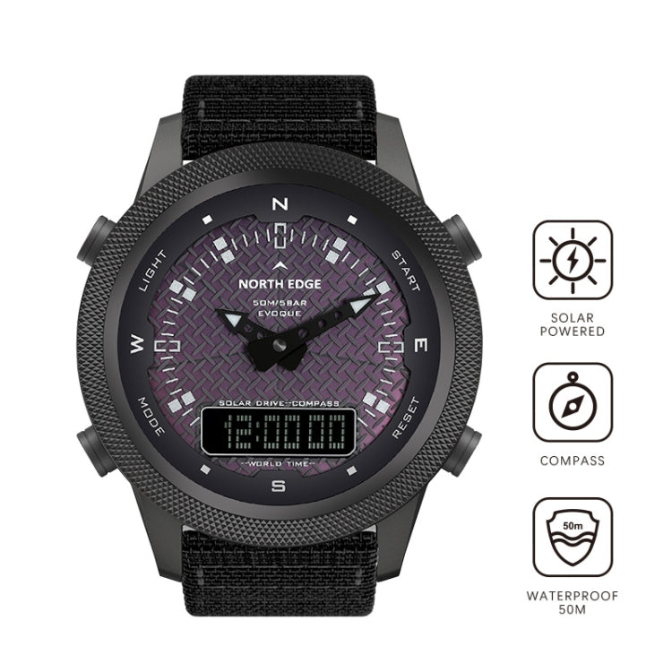 NORTH EDGE EVOQUE Solar Outdoor Waterproof Luminous Sports Nylon Strap Watch(Black) - Nylon Strap Watches by NORTH EDGE | Online Shopping South Africa | PMC Jewellery | Buy Now Pay Later Mobicred