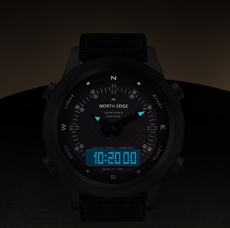 NORTH EDGE EVOQUE Solar Outdoor Waterproof Luminous Sports Nylon Strap Watch(Black) - Nylon Strap Watches by NORTH EDGE | Online Shopping South Africa | PMC Jewellery | Buy Now Pay Later Mobicred