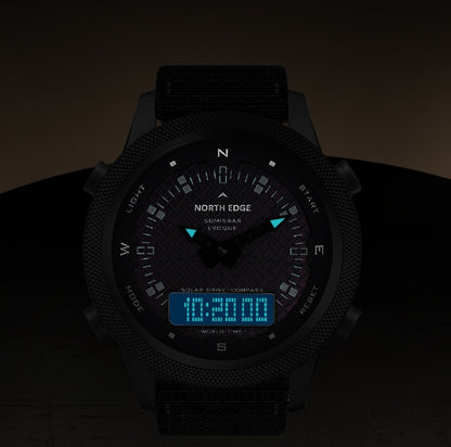 NORTH EDGE EVOQUE Solar Outdoor Waterproof Luminous Sports Nylon Strap Watch(Black) - Nylon Strap Watches by NORTH EDGE | Online Shopping South Africa | PMC Jewellery | Buy Now Pay Later Mobicred