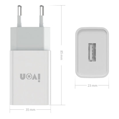 IVON AD-33 2 in 1 2.1A Single USB Port Travel Charger + 1m USB to 8 Pin Data Cable Set, EU Plug(White) - USB Charger by IVON | Online Shopping South Africa | PMC Jewellery