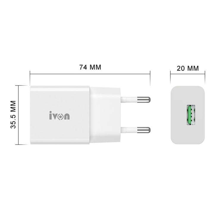 IVON AD-35 2 in 1 18W QC3.0 USB Port Travel Charger + 1m USB to 8 Pin Data Cable Set, EU Plug(White) - USB Charger by IVON | Online Shopping South Africa | PMC Jewellery