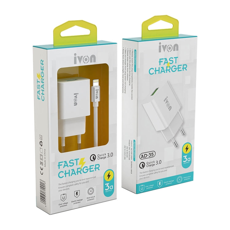 IVON AD-35 2 in 1 18W QC3.0 USB Port Travel Charger + 1m USB to Micro USB Data Cable Set, EU Plug(White) - USB Charger by IVON | Online Shopping South Africa | PMC Jewellery | Buy Now Pay Later Mobicred