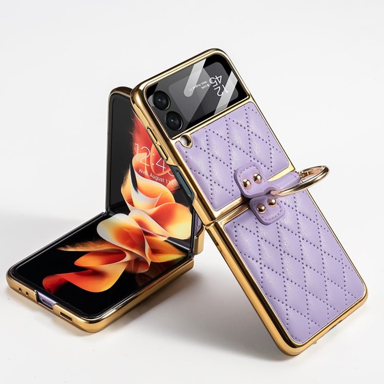 For Samsung Galaxy Z Flip3 5G GKK Integrated Plating + Leather Phone Case with Ring(Purple) - Galaxy Phone Cases by GKK | Online Shopping South Africa | PMC Jewellery