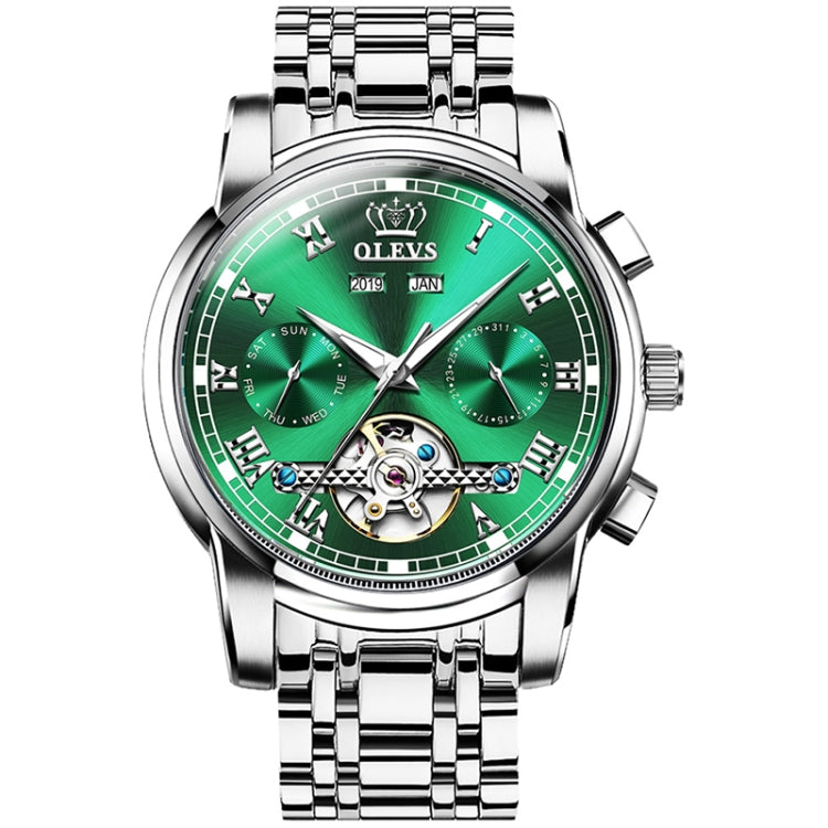 OLEVS 6607 Multi-function Men Big Flywheel Automatic Waterproof Mechanical Watch(Green) - Metal Strap Watches by OLEVS | Online Shopping South Africa | PMC Jewellery | Buy Now Pay Later Mobicred