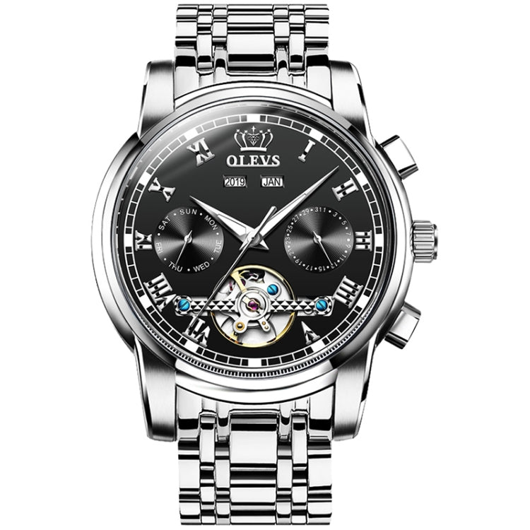 OLEVS 6607 Multi-function Men Big Flywheel Automatic Waterproof Mechanical Watch(Black) - Metal Strap Watches by OLEVS | Online Shopping South Africa | PMC Jewellery | Buy Now Pay Later Mobicred