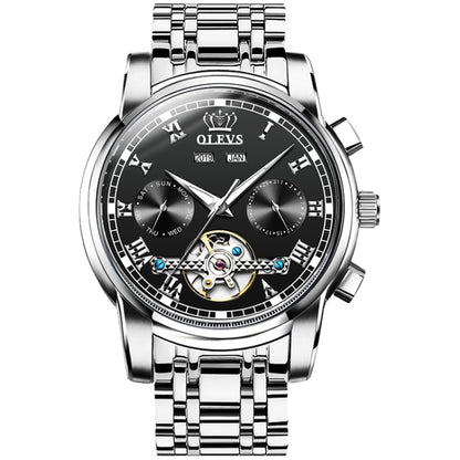 OLEVS 6607 Multi-function Men Big Flywheel Automatic Waterproof Mechanical Watch(Black) - Metal Strap Watches by OLEVS | Online Shopping South Africa | PMC Jewellery | Buy Now Pay Later Mobicred