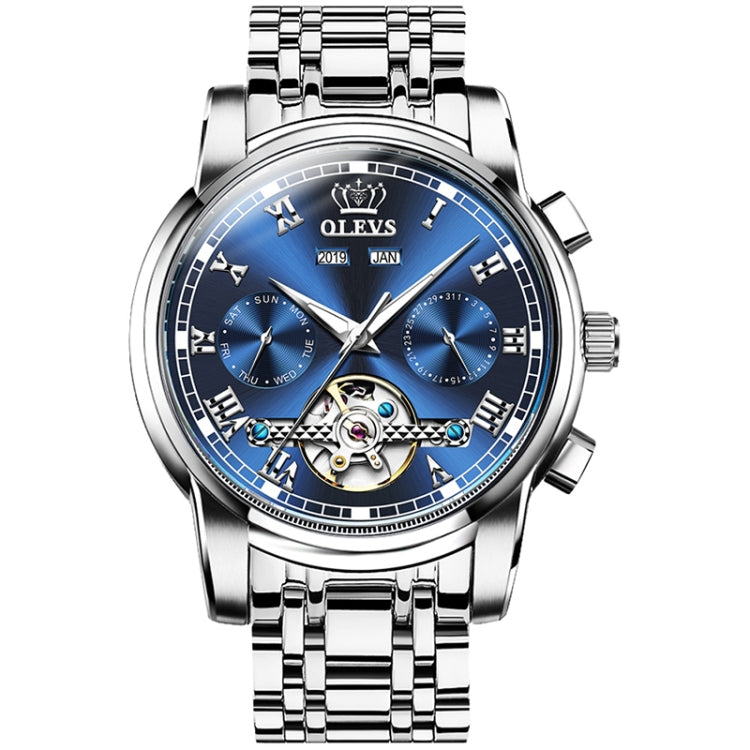 OLEVS 6607 Multi-function Men Big Flywheel Automatic Waterproof Mechanical Watch(Blue) - Metal Strap Watches by OLEVS | Online Shopping South Africa | PMC Jewellery | Buy Now Pay Later Mobicred