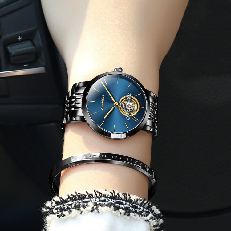 JIN SHI DUN 8812 Women Simple Hollowed Waterproof Automatic Mechanical Watch(Black Steel Strip Blue) - Metal Strap Watches by JIN SHI DUN | Online Shopping South Africa | PMC Jewellery | Buy Now Pay Later Mobicred