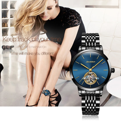 JIN SHI DUN 8812 Women Simple Hollowed Waterproof Automatic Mechanical Watch(Black Steel Strip Blue) - Metal Strap Watches by JIN SHI DUN | Online Shopping South Africa | PMC Jewellery | Buy Now Pay Later Mobicred