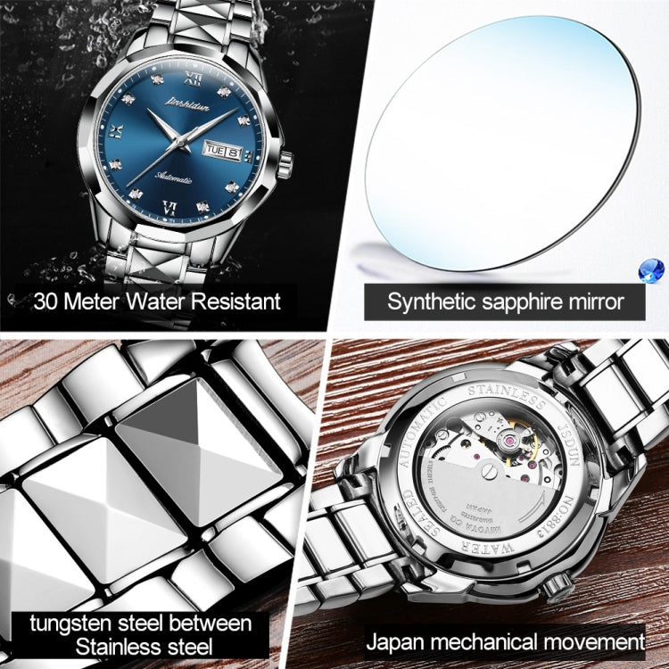 JIN SHI DUN 8813 Fashion Waterproof Luminous Automatic Mechanical Watch, Style:Men(Silver Blue) - Metal Strap Watches by JIN SHI DUN | Online Shopping South Africa | PMC Jewellery | Buy Now Pay Later Mobicred