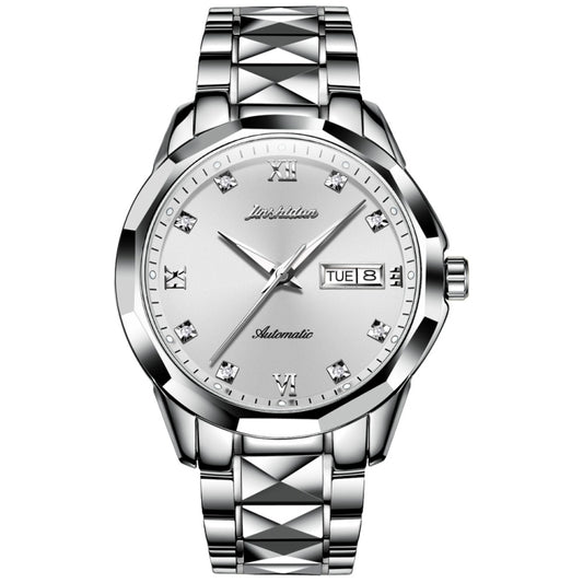 JIN SHI DUN 8813 Fashion Waterproof Luminous Automatic Mechanical Watch, Style:Men(Silver White) - Metal Strap Watches by JIN SHI DUN | Online Shopping South Africa | PMC Jewellery | Buy Now Pay Later Mobicred