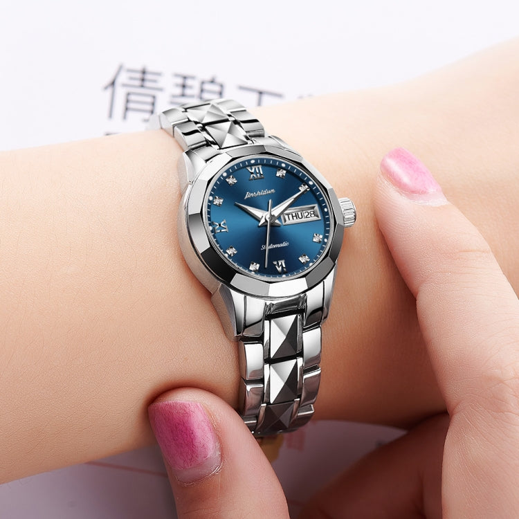 JIN SHI DUN 8813 Fashion Waterproof Luminous Automatic Mechanical Watch, Style:Women(Silver Blue) - Metal Strap Watches by JIN SHI DUN | Online Shopping South Africa | PMC Jewellery | Buy Now Pay Later Mobicred