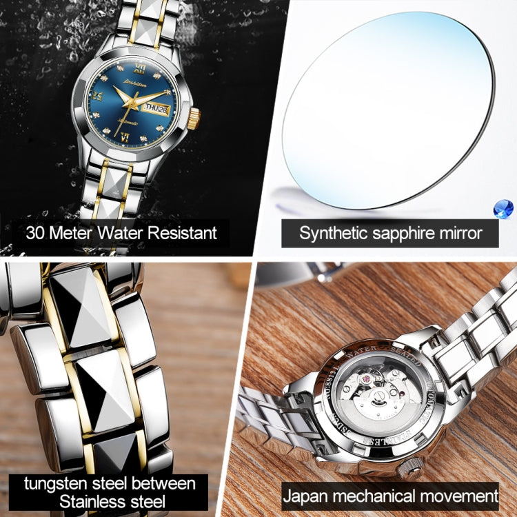 JIN SHI DUN 8813 Fashion Waterproof Luminous Automatic Mechanical Watch, Style:Women(Silver Gold Blue) - Metal Strap Watches by JIN SHI DUN | Online Shopping South Africa | PMC Jewellery | Buy Now Pay Later Mobicred