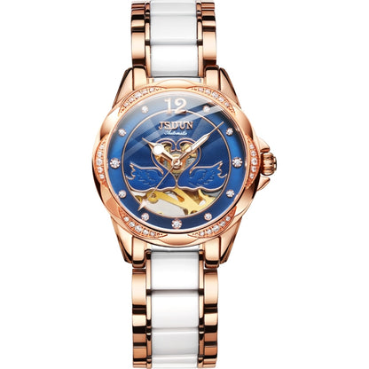 JIN SHI DUN 8831 Women Fashion Diamond Hollowed Waterproof Ceramic Mechanical Watch(Blue) - Metal Strap Watches by JIN SHI DUN | Online Shopping South Africa | PMC Jewellery | Buy Now Pay Later Mobicred