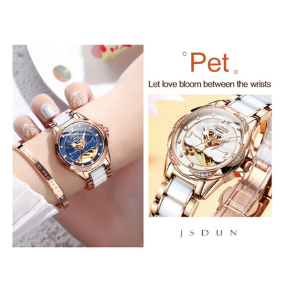 JIN SHI DUN 8831 Women Fashion Diamond Hollowed Waterproof Ceramic Mechanical Watch(Blue) - Metal Strap Watches by JIN SHI DUN | Online Shopping South Africa | PMC Jewellery | Buy Now Pay Later Mobicred