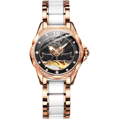 JIN SHI DUN 8831 Women Fashion Diamond Hollowed Waterproof Ceramic Mechanical Watch(Black) - Metal Strap Watches by JIN SHI DUN | Online Shopping South Africa | PMC Jewellery | Buy Now Pay Later Mobicred