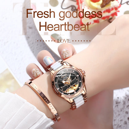 JIN SHI DUN 8831 Women Fashion Diamond Hollowed Waterproof Ceramic Mechanical Watch(Black) - Metal Strap Watches by JIN SHI DUN | Online Shopping South Africa | PMC Jewellery | Buy Now Pay Later Mobicred