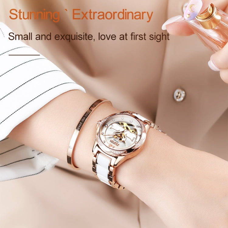 JIN SHI DUN 8831 Women Fashion Diamond Hollowed Waterproof Ceramic Mechanical Watch(White) - Metal Strap Watches by JIN SHI DUN | Online Shopping South Africa | PMC Jewellery | Buy Now Pay Later Mobicred