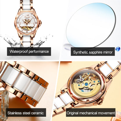 JIN SHI DUN 8831 Women Fashion Diamond Hollowed Waterproof Ceramic Mechanical Watch(White) - Metal Strap Watches by JIN SHI DUN | Online Shopping South Africa | PMC Jewellery | Buy Now Pay Later Mobicred