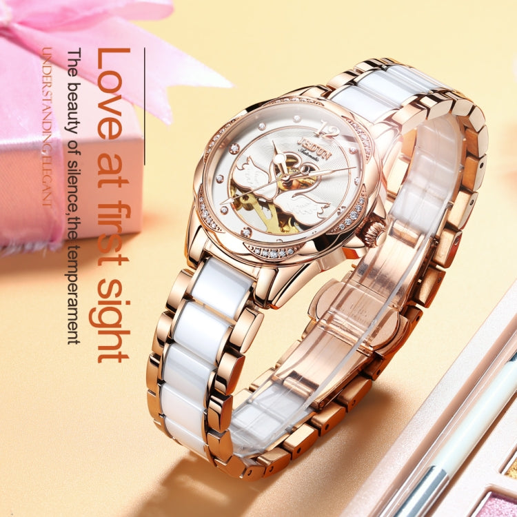 JIN SHI DUN 8831 Women Fashion Diamond Hollowed Waterproof Ceramic Mechanical Watch(White) - Metal Strap Watches by JIN SHI DUN | Online Shopping South Africa | PMC Jewellery | Buy Now Pay Later Mobicred