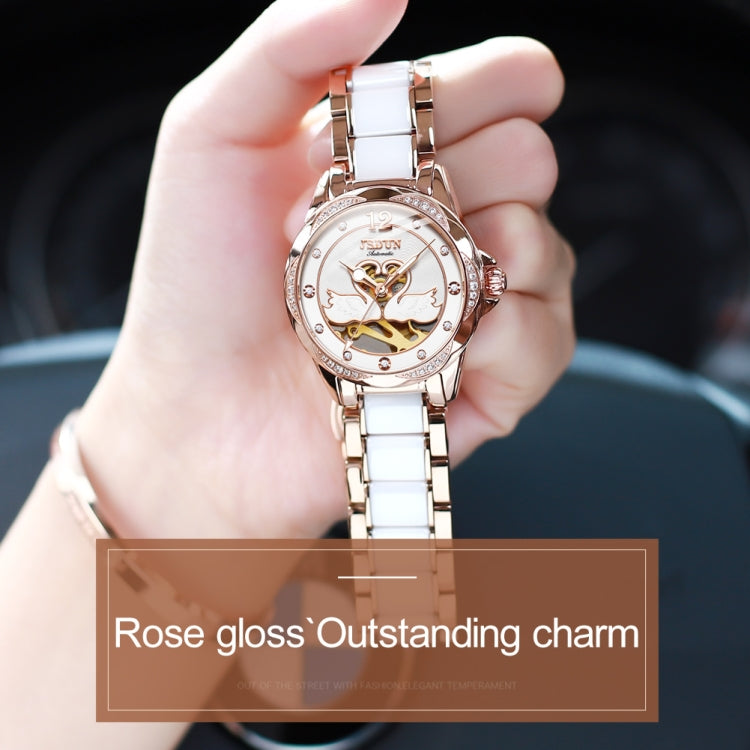 JIN SHI DUN 8831 Women Fashion Diamond Hollowed Waterproof Ceramic Mechanical Watch(White) - Metal Strap Watches by JIN SHI DUN | Online Shopping South Africa | PMC Jewellery | Buy Now Pay Later Mobicred