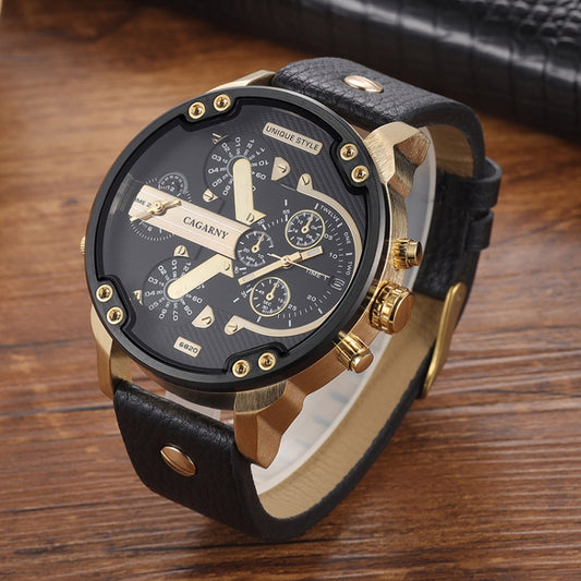 CAGARNY 6820 Round Large Dial Leather Band Quartz Dual Movement Watch For Men(Gold Between Black Band) - Leather Strap Watches by CAGARNY | Online Shopping South Africa | PMC Jewellery | Buy Now Pay Later Mobicred