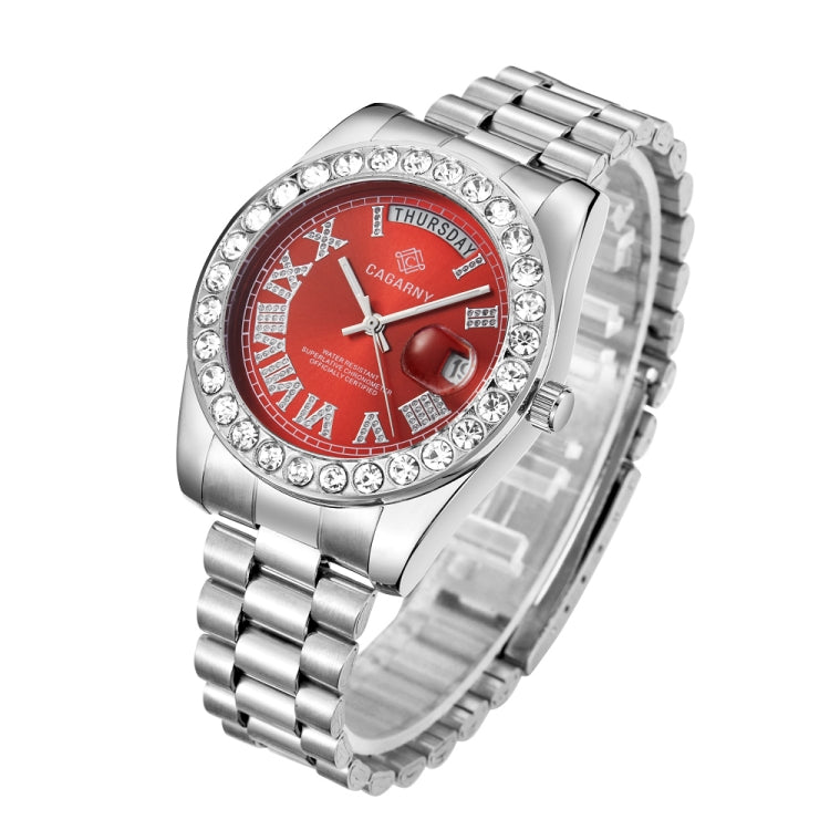 CAGARNY 6886 Diamond-encrusted Roman Numeral Dial Quartz Watch for Men(Silver Shell Red Dial) - Metal Strap Watches by CAGARNY | Online Shopping South Africa | PMC Jewellery | Buy Now Pay Later Mobicred