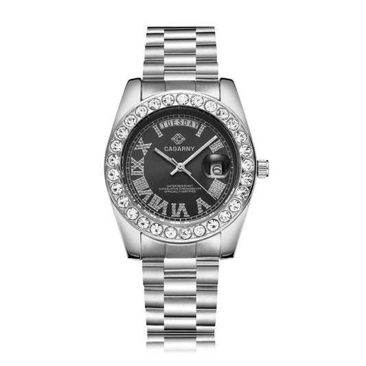 CAGARNY 6886 Diamond-encrusted Roman Numeral Dial Quartz Watch for Men(Silver Shell Black Dial) - Metal Strap Watches by CAGARNY | Online Shopping South Africa | PMC Jewellery | Buy Now Pay Later Mobicred