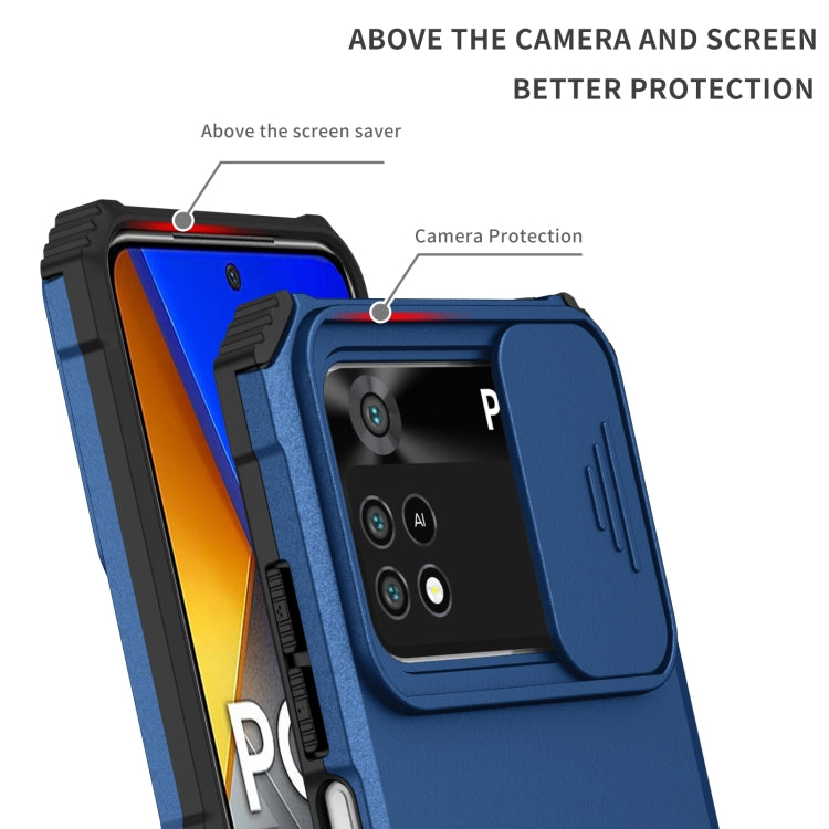 For Xiaomi Poco M4 Pro 4G Stereoscopic Holder Sliding Camshield Phone Case(Blue) - free shipping - PMC TechLife - Order now!