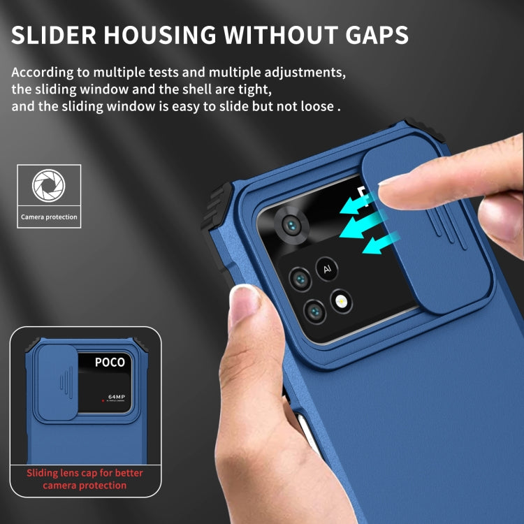 For Xiaomi Poco M4 Pro 4G Stereoscopic Holder Sliding Camshield Phone Case(Blue) - free shipping - PMC TechLife - Order now!