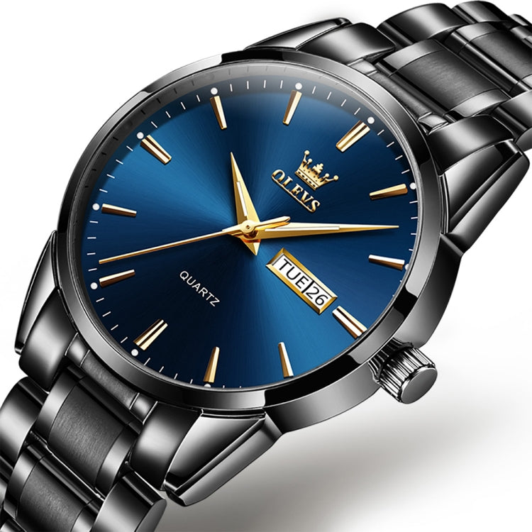 OLEVS 6898 Men Waterproof Luminous Steel Watch Band Quartz Watch(Black Blue) - Metal Strap Watches by OLEVS | Online Shopping South Africa | PMC Jewellery | Buy Now Pay Later Mobicred