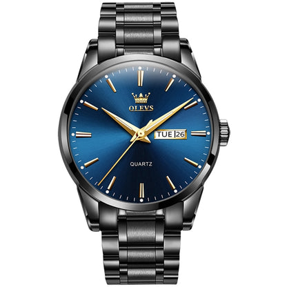 OLEVS 6898 Men Waterproof Luminous Steel Watch Band Quartz Watch(Black Blue) - Metal Strap Watches by OLEVS | Online Shopping South Africa | PMC Jewellery | Buy Now Pay Later Mobicred