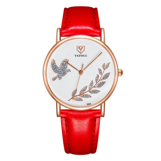 YAZOLE 360 Leather Band Dove of Peace Diamond Lady Watch(White+Red) - Leather Strap Watches by YAZOLE | Online Shopping South Africa | PMC Jewellery | Buy Now Pay Later Mobicred