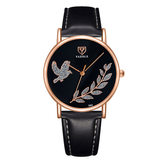 YAZOLE 360 Leather Band Dove of Peace Diamond Lady Watch(Black+Black) - Leather Strap Watches by YAZOLE | Online Shopping South Africa | PMC Jewellery | Buy Now Pay Later Mobicred