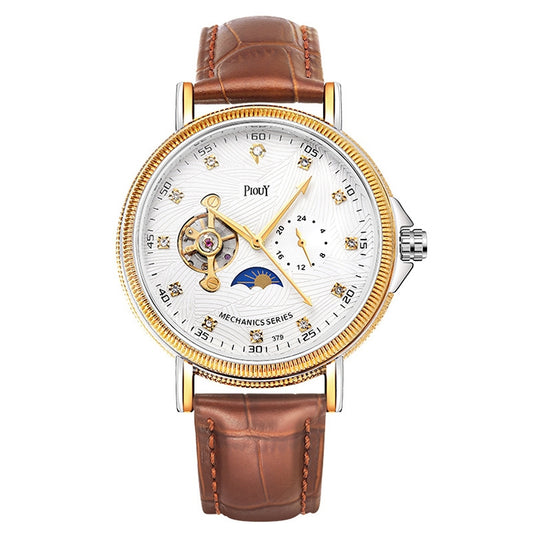 YAZOLE 379 Leather Band Large Dial Tourbillon Mechanical Watch(White+Brown) - Leather Strap Watches by YAZOLE | Online Shopping South Africa | PMC Jewellery | Buy Now Pay Later Mobicred