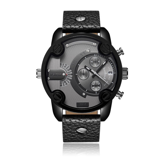 CAGARNY 6819 Multifunctional Dual Time Zone Quartz Business Sport Watch for Men(Black Shell Grey Surface Black Leather) - Leather Strap Watches by CAGARNY | Online Shopping South Africa | PMC Jewellery | Buy Now Pay Later Mobicred