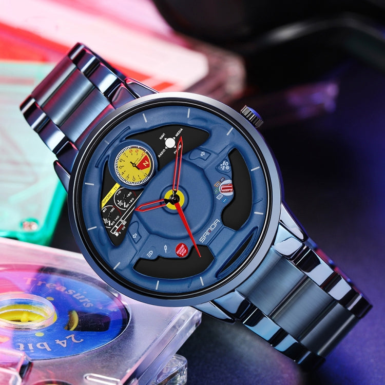 SANDA 1085 Steering Wheel Hollow Dial Waterproof Quartz Watch, Style:Steel Band(Black) - Metal Strap Watches by SANDA | Online Shopping South Africa | PMC Jewellery | Buy Now Pay Later Mobicred