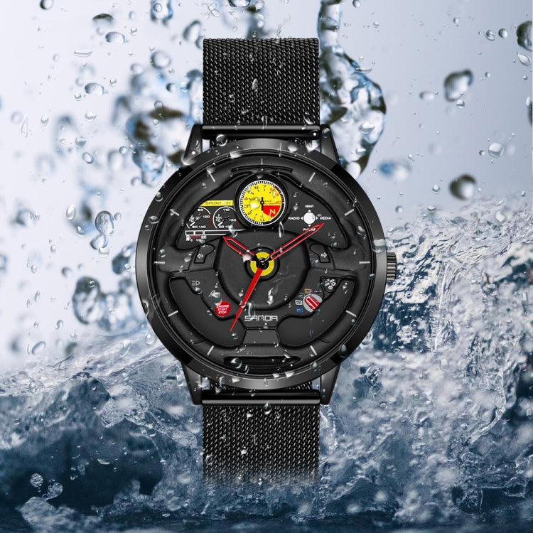 SANDA 1085 Steering Wheel Hollow Dial Waterproof Quartz Watch, Style:Steel Band(Black) - Metal Strap Watches by SANDA | Online Shopping South Africa | PMC Jewellery | Buy Now Pay Later Mobicred