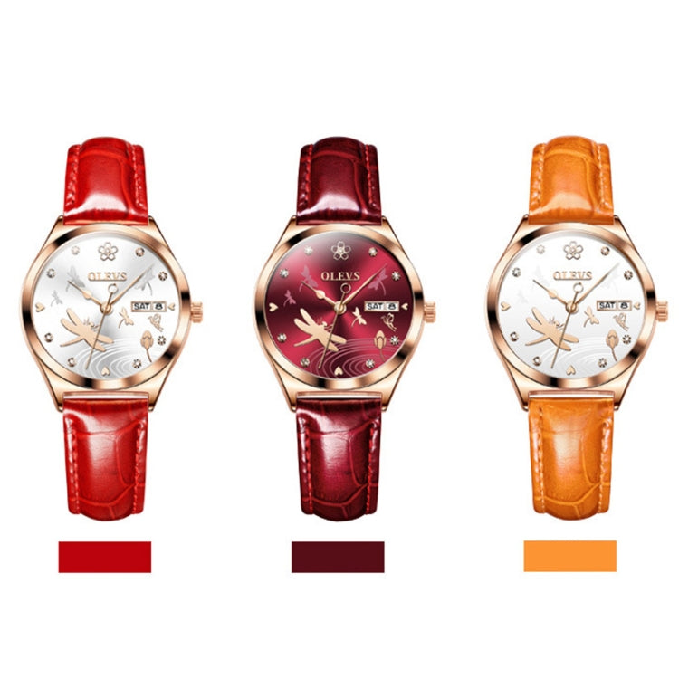 OLEVS 6611 Dragonfly Dual Calendar Mechanical Ladies Watch(Orange) - Leather Strap Watches by OLEVS | Online Shopping South Africa | PMC Jewellery | Buy Now Pay Later Mobicred