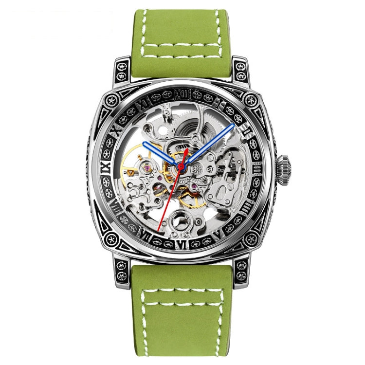 SKMEI 9271 Stainless Steel Buckle Leather Strap Waterproof Mechanical Watch(Green) - Leather Strap Watches by SKMEI | Online Shopping South Africa | PMC Jewellery | Buy Now Pay Later Mobicred