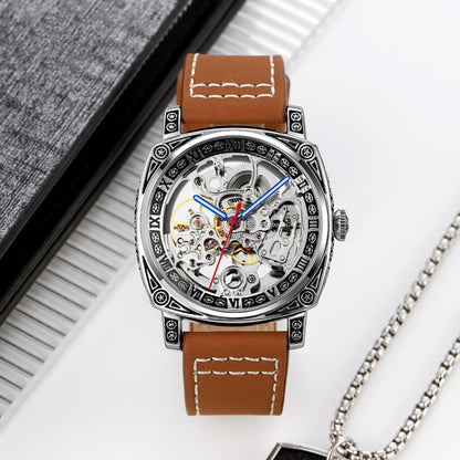 SKMEI 9271 Stainless Steel Buckle Leather Strap Waterproof Mechanical Watch(Brown) - Leather Strap Watches by SKMEI | Online Shopping South Africa | PMC Jewellery | Buy Now Pay Later Mobicred