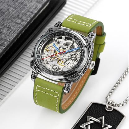 SKMEI 9271 Stainless Steel Buckle Leather Strap Waterproof Mechanical Watch(Green) - Leather Strap Watches by SKMEI | Online Shopping South Africa | PMC Jewellery | Buy Now Pay Later Mobicred