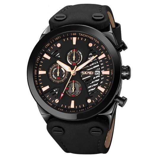 SKMEI 9282 Stainless Steel Buckle Leather Strap Waterproof Quartz Watch(Black Belt Black Surface) - Leather Strap Watches by SKMEI | Online Shopping South Africa | PMC Jewellery | Buy Now Pay Later Mobicred