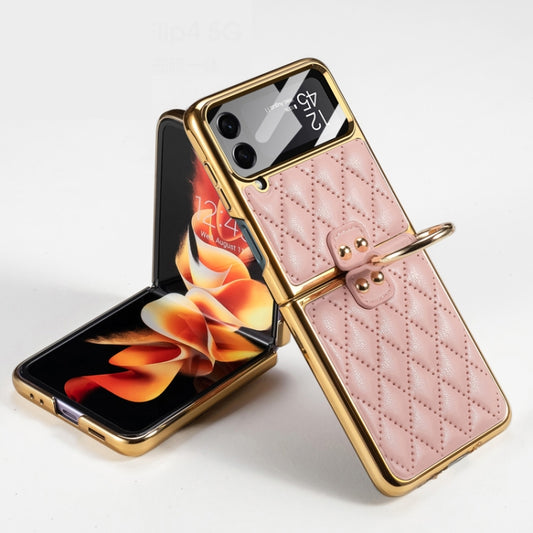 For Samsung Galaxy Z Flip4 GKK Integrated Plating + Leather Phone Case with Ring(Pink) - Galaxy Z Flip4 5G Cases by GKK | Online Shopping South Africa | PMC Jewellery | Buy Now Pay Later Mobicred