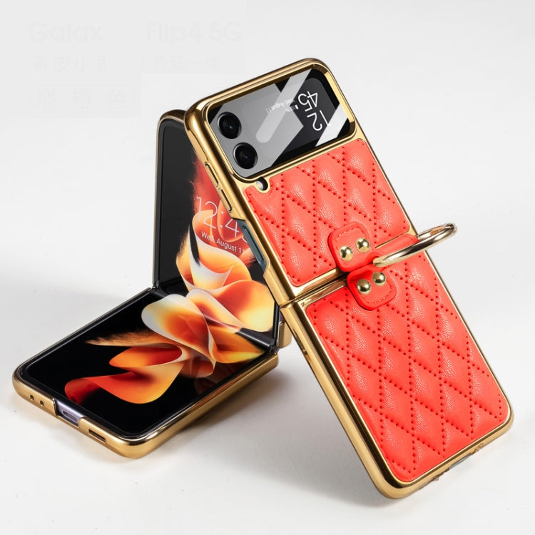For Samsung Galaxy Z Flip4 GKK Integrated Plating + Leather Phone Case with Ring(Orange) - Galaxy Z Flip4 5G Cases by GKK | Online Shopping South Africa | PMC TechLife | Buy Now Pay Later Mobicred