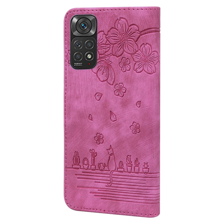 For Xiaomi Redmi Note 11 / Note 11S Global Cartoon Sakura Cat Embossed Leather Phone Case(Rose Red) - free shipping - PMC TechLife - Order now!