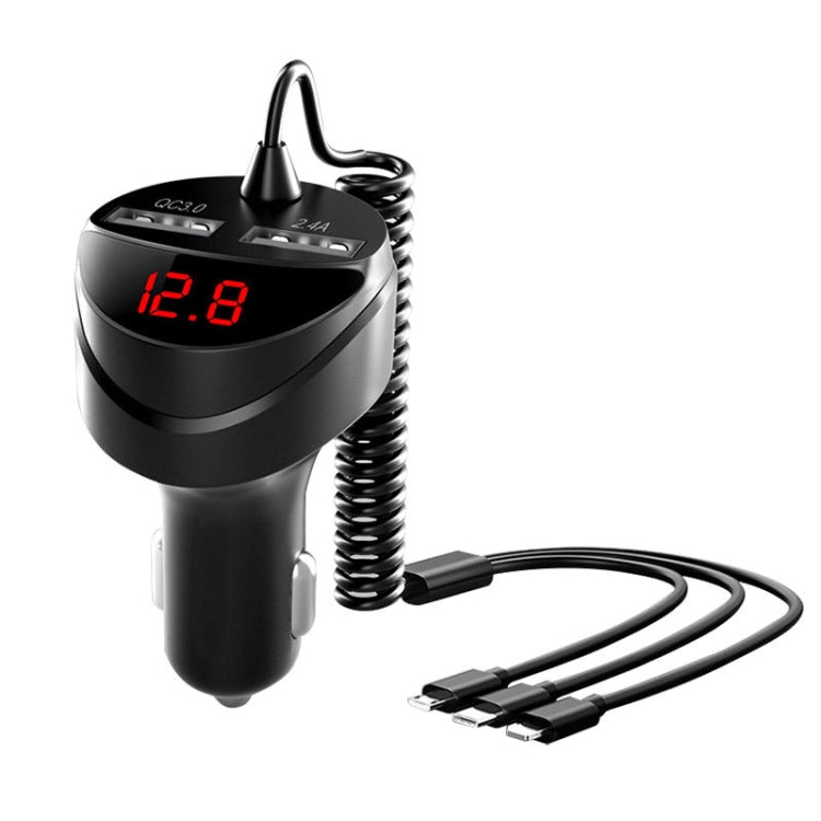 C68 LED Digital Display QC3.0 Fast Car Charger 3 in 1 with Spring Cable(Black) - Car Charger by PMC Jewellery | Online Shopping South Africa | PMC Jewellery