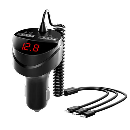 C68 LED Digital Display QC3.0 Fast Car Charger 3 in 1 with Spring Cable(Black) - Car Charger by PMC Jewellery | Online Shopping South Africa | PMC Jewellery